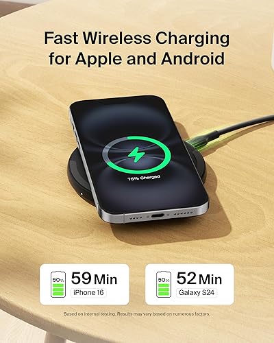 Belkin Wireless Charging Pad 15W - Qi Charger, Charging Station for Apple iPhone 16, iPhone 15/14/13 Series, AirPods, Samsung Galaxy S25, Galaxy S24, Pixel - Power Supply and Cable Included - Black