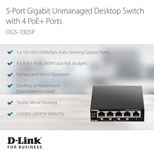 D-Link 5-Port Gigabit PoE+ Unmanaged/Plug and Play (60W Total PoE Budget 4xPort) Metal Compact Desktop Switch - (DGS-1005P) Metal 5-Port Gigabit POE