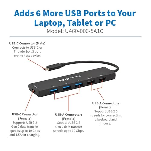 Tripp Lite Slim 6-Port USB-C Hub for Laptop, 1 USB-C and 5 USB-A Ports, USB 3.2 Gen 2 with 10 Gbps Data Transfer, Thunderbolt 3 Compatible, No Software Needed, Black, 3-Year Warranty (U460-006-5A1C)