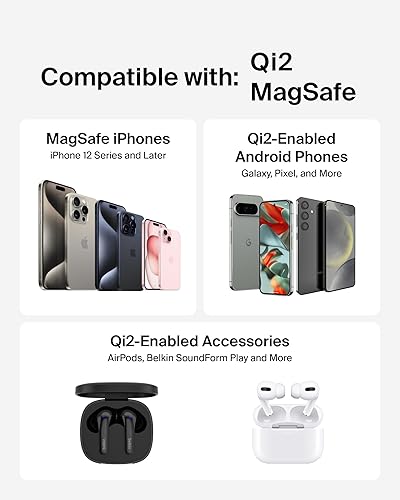 Belkin Magnetic Wireless Charging Pad 15W w/Pop-Up Stand - MagSafe-Compatible Qi2-Certified Wireless Charger for iPhone 16 Series, Samsung Galaxy S25, AirPods, & More w/Power Supply Included - Black