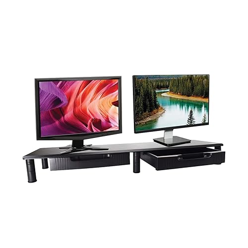 Tripp Lite Dual-Monitor Riser Stand with Storage Drawers, Black Wood & Steel Desk Organizer for 2 Screens, Adjustable Height | Computer, Laptop, PC, & TV Shelf Stand | 5-Year Warranty (MR4011DTAA)