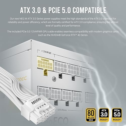 ANTEC NE1000G M White ATX3.0, 1000W Full Modular PSU, 80 Plus Gold, PCIE 5.0 Support, PhaseWave Design, Japanese Caps, Zero RPM Manager, Silent 120mm Fan, 10-Year Warranty