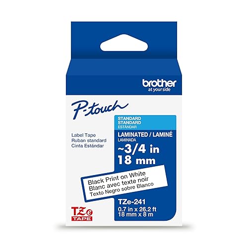 Brother Genuine TZe-241 Black on White Laminated Tape for TZe-Compatible P-Touch Label Makers, 18 mm Wide x 8 m Long