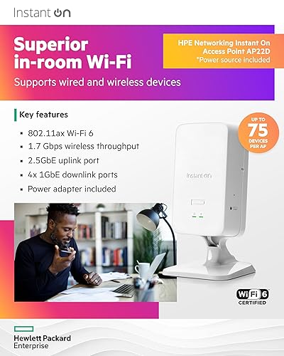 HPE Networking Instant On Access Point AP22D 2x2 WiFi 6 Indoor Wireless Access Point | Single-Room, Secure, Smart Mesh Support | Power Source Included | US Model (S0J32A) Power Adapter Included