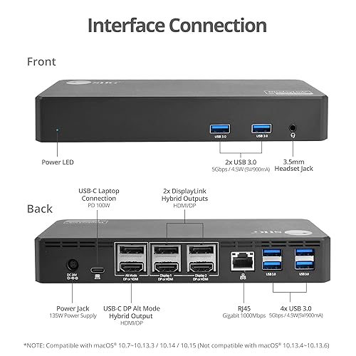 SIIG Triple 4K Video Docking Station with USB-C DP Alt Mode, Thunderbolt 3, DisplayLink Certified, Compatible with USB-A, USB-C, Supports 5K/4K/1080p Displays, Black