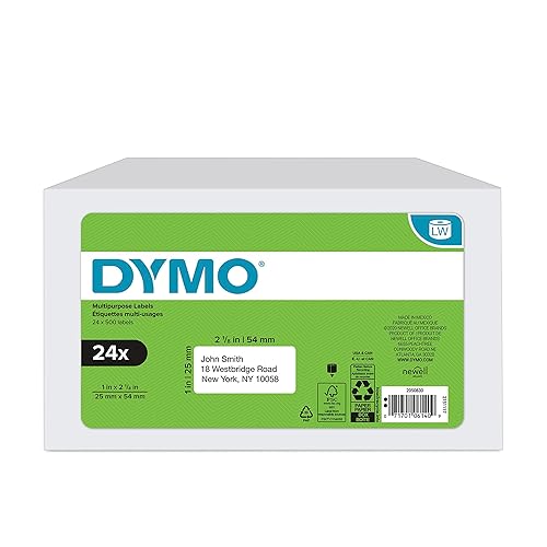 DYMO Authentic LabelWriter Multi-Purpose Labels for LabelWriter Label Printers, White, 1'' x 2-1/8'' (30336), 24 Rolls of 500