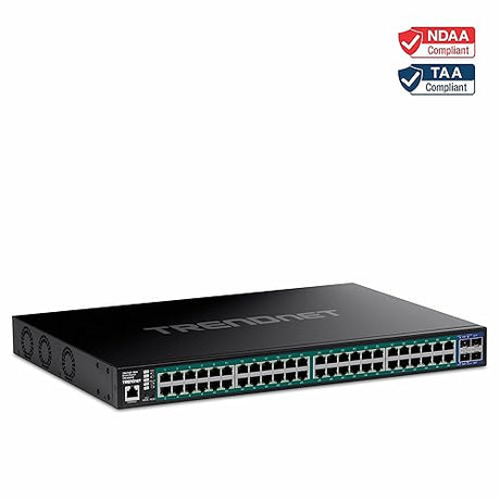 TRENDnet 52-Port Gigabit Web Smart PoE+ Switch with 10G SFP+ Ports, TPE-3524S, 48 x Gigabit PoE+ Ports, 4 x 10 SFP+ Ports, 410W PoE Power Budget, Lifetime Protection, Black