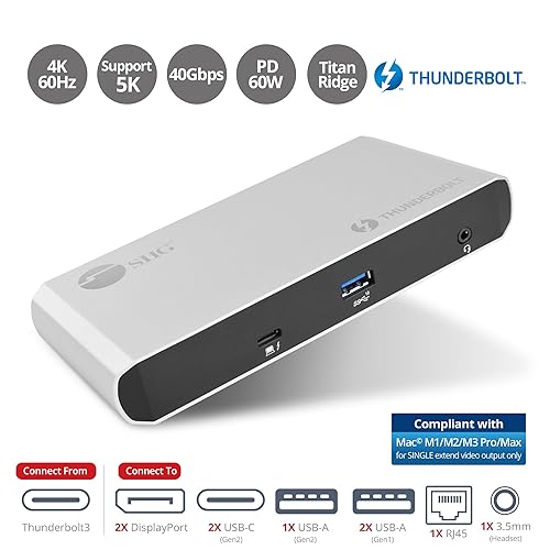 SIIG Thunderbolt 3 or USB C Dual 4K Display Docking Station with 60W PD- Titan Ridge (2X DP 1.2, 1x USB-A/2x USB-C 10Gbps, 2X USB-A 5Gbps, Ethernet) for Windows&Mac M1/M2/M3 Pro/Max (JU-DK0C11-S1)