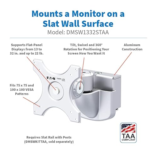 Eaton Tripp Lite Monitor Mount 5.5 Extension Arm for DMSWKITTAA Slat Wall Mount System, Full Swivel + Rotation, VESA Compliant for 13 to 32 Displays, TAA Compliant, 5-Year Warranty (DMSW1332STAA) 5.5 Monitor Arm Mount