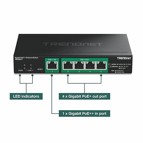 TRENDnet 5-Port Gigabit PoE++ Powered Managed Switch with PoE Passthrough, TPE-B541, 1 x Gigabit PoE++ Input, 4 x Gigabit PoE+ Output, 60W PoE Budget, NDAA TAA Compliant, Lifetime Protection
