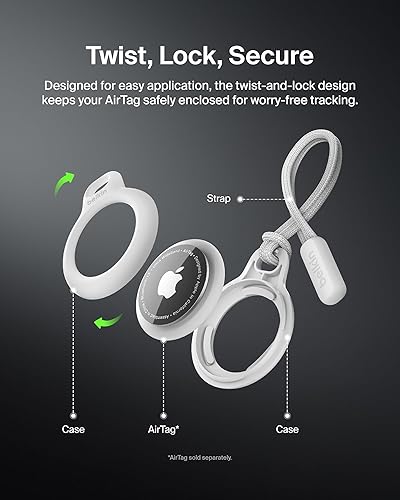 Belkin Apple Airtag Secure Holder with Strap - Apple Air Tag Keychain - Airtag Holder with Strap for Key Ring - Airtag Keychain Accessories - Scratch Resistant Airtag Case with Raised Edges - White