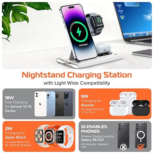 Spracht Flex Charge 3-3 in 1 Charging Station, Portable Charging Station for Smartphones, Smart Watches, Earbuds – 25W Fast Wireless Charger Stand Night Light – Foldable Travel Charger 3 in 1 (White)