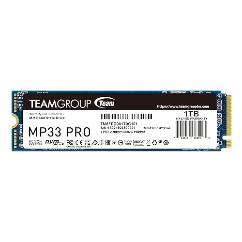 TEAMGROUP MP33 PRO 1TB SLC Cache 3D NAND TLC NVMe 1.3 PCIe Gen3x4 M.2 2280 Internal Solid State Drive SSD (Read Speed up to 2100MB/s) TBW>600TB Compatible with Laptop & PC Desktop TM8FPD001T0C101 1TB Gen3x4 Read 2,100mb/S