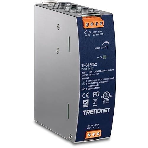 TRENDnet 150W, 52V DC, 2.89A AC to DC DIN-Rail Industrial Power Supply, Built-in Power Factor Controller Function, Extreme Operating Temperature Range -25° – 70° C (-13° – 158° F), Silver, TI-S15052