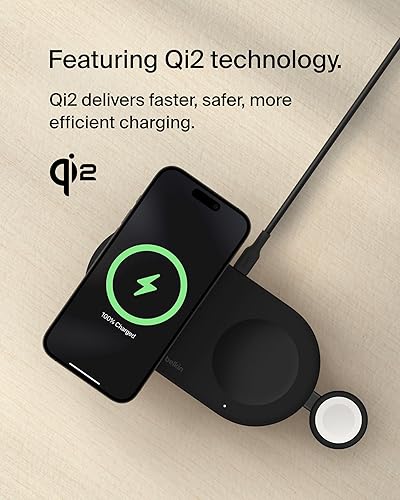 Belkin 3-in-1 MagSafe-Compatible Wireless Charging Pad with Qi2 15W - iPhone Charger - Fast Charging Wireless Charging Station for iPhone 16, 15, & 14 Series, AirPods, Apple Watch, & More - Black