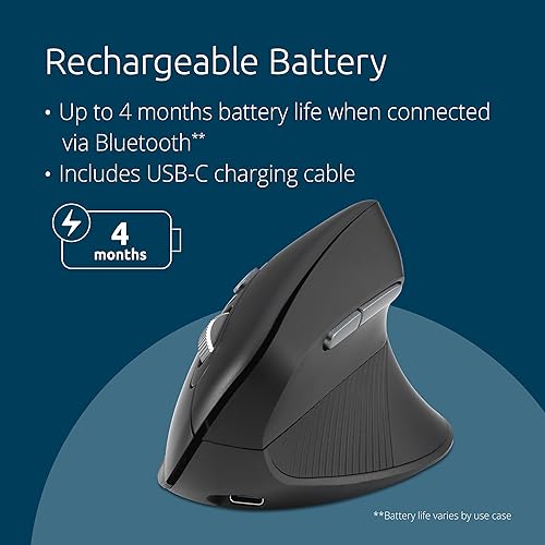 Kensington Pro Fit Ergo MY630 EQ Wireless Rechargeable Mouse, Vertical Wireless Mouse, 1000/1600/2400 DPI Switches, Bluetooth LE, 2.4GHz, Black (K72484NA)