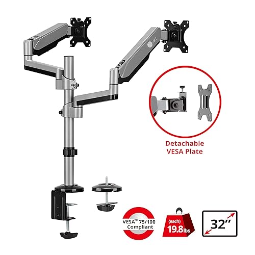 SIIG Dual Monitor Arm Desk Mount with Gas Spring, Holds Two 17-32 Screens, Up to 19.8lbs Each, Fully Adjustable, VESA 75/100mm, C-Clamp/Grommet, Cable Management, (CE-MT3R11-S1)
