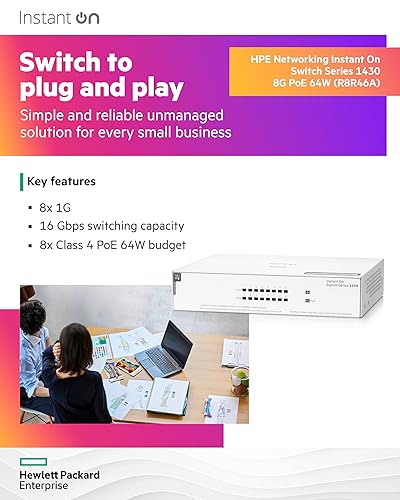 HPE Networking Instant On Switch Series 1430 8-Port Gb Unmanaged Layer 2 Ethernet Switch with PoE | 8X 1G | 8X CL4 PoE (64W) | Fan-Less | US Cord (R8R46A#ABA) 8G PoE 64W
