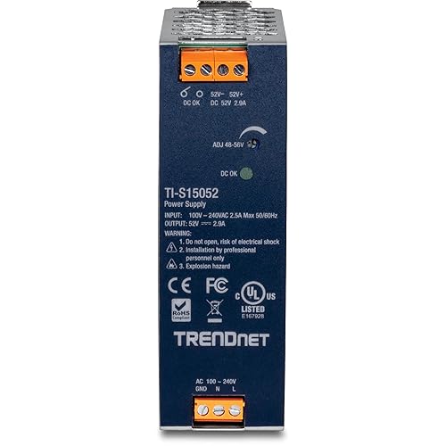 TRENDnet 150W, 52V DC, 2.89A AC to DC DIN-Rail Industrial Power Supply, Built-in Power Factor Controller Function, Extreme Operating Temperature Range -25° – 70° C (-13° – 158° F), Silver, TI-S15052