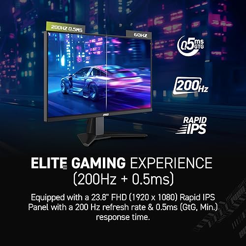 MSI MAG 244F, 24 Gaming Monitor, 1920 x1080 (FHD), Rapid IPS, 200Hz, 0.5ms, FreeSync Premium, HDR Ready, AI Vision, HDMI, Displayport, Tilt, Black