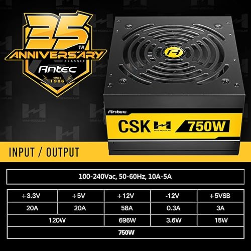 Antec Bronze Power Supply, CSK 750H SEMI-Modular PSU, Continuous Power with 120mm Silent Cooling Fan, ATX 12V 2.31, Bronze Power Supply