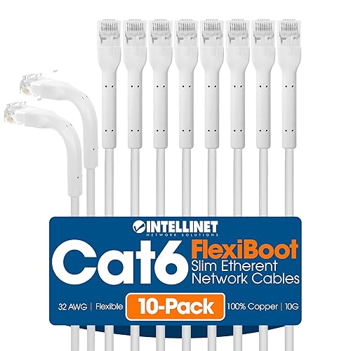 Intellinet FlexiBoot Slim Cat6 Ethernet Network Patch Cable – 10-Pack - 10Gbps & 250MHz, Flexible Bendable Boot, 32AWG Pure Bare Copper Wire, Gold-Plated Contacts - 14ft, White 14 ft Flexible Boot 10 Pack White