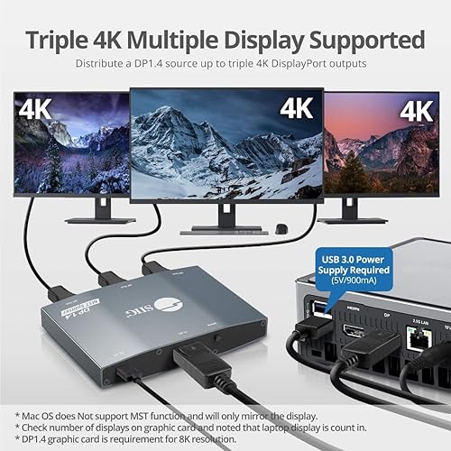 SIIG 3-Port DisplayPort Splitter MST Hub 4K - 1 in 3 Out DP 1.4 to DP Multi Monitor Splitter with Female DP Input - NOT for macOS (CE-DP0S11-S1)
