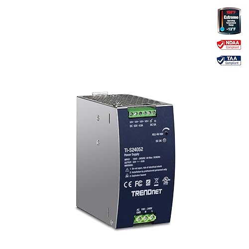 TRENDnet 240W 52V DC, 4.61A AC to DC DIN-Rail Industrial Power Supply, Built-in Power Factor Controller Function, Extreme Operating Temperature Range -25° – 70° C (-13° – 158° F), Silver, TI-S24052