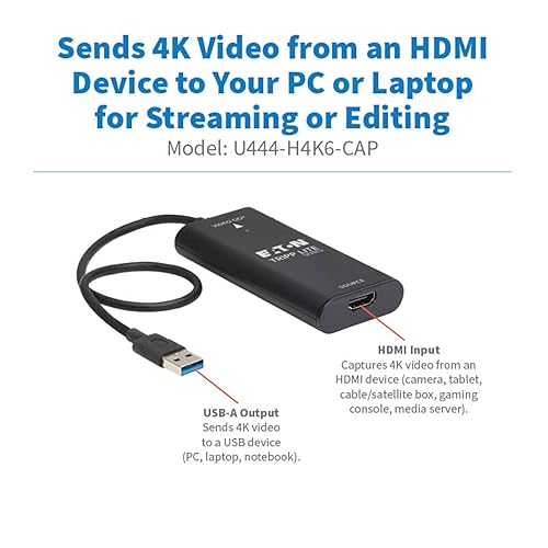 Eaton Tripp Lite Series 4K 60Hz Video Capture Card HDMI to USB Video Adapter, Cam Link for Streaming, USB 3.2 Gen 1, Windows & Mac Compatible, Nintendo Switch/Switch 2/PS5/PS4/Xbox (U444-H4K6-CAP)