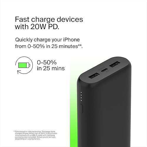 Belkin BoostCharge 3-Port Power Bank 20K PD 20W for iPhone 16, 16 Plus, 16 Pro, 16 Pro Max, 15, 15 Plus, 15 Pro, 15 Pro Max, 14, AirPods and More - Travel-Friendly w/ 12in USB-C to USB-C Cable - Black 3 - Port