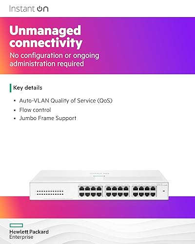 HPE Networking Instant On Switch Series 1430 24-Port Gb Unmanaged Layer 2 Ethernet Switch | 24x 1G | Fan-Less | US Cord (R8R49A#ABA) 24G