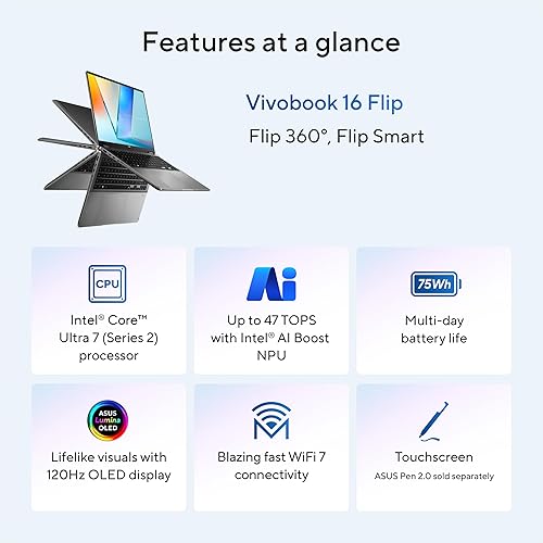 ASUS Vivobook 16 Flip Laptop, Copilot+ PC, 16” OLED 3K 120Hz Touch Display, Intel® Core™ Ultra 7 256V, Intel® Arc™ Graphics, 16GB Memory, 512GB SSD, Matte Gray, TP3607SA-DS74T OLED | Ultra 7