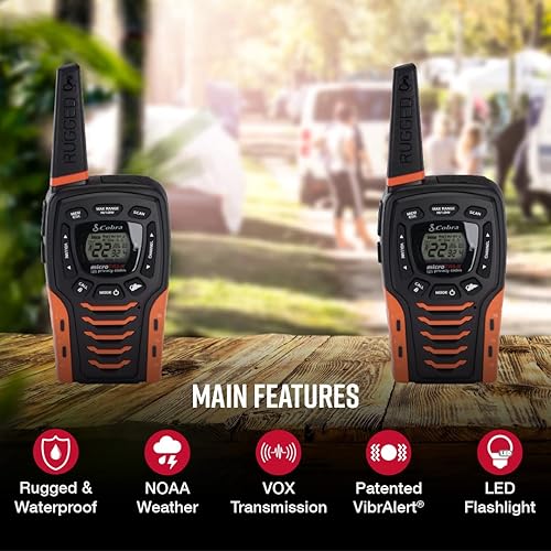 Cobra ACXT645 Waterproof Walkie Talkies for Adults with Compatible Cobra Surveillance Headset Microphone: Rechargeable, 22 Channels, 35-Mile Range, 2 Two-Way Radios, 2 Headsets, Black/Orange 645 Walkie Talkie + Headset (2 pc)