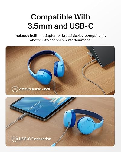 Belkin SoundForm Mini Kids Wired Headphones w/USB C to 3.5mm Dongle, Built-in Mic & Fun Stickers, 85dB Max Volume – for Online Learning, Travel, Compatible w/iPhone 16, iPad, Galaxy S25, etc - Blue