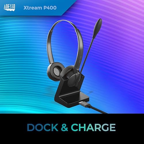 ADESSO Xtream P400 Wireless Multimedia Headset with Charging Dock - Bluetooth 5.0, 14Hrs Talk & Listen Time