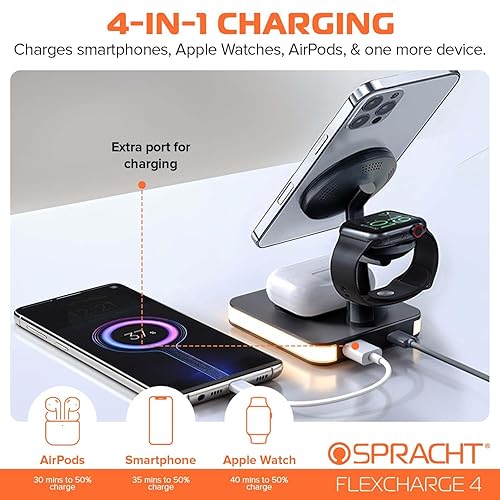 Spracht Flex Charge 4, 4-in-1 Wireless Charging Stand | 25W Fast Charger, Magnetic Connection -Works for Smartphone, Watch, Ear Buds, Qi-Enabled Devices | Nightlight, Magnetic Charging Stand (Black)