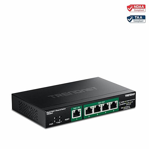 TRENDnet 5-Port Gigabit PoE++ Powered Managed Switch with PoE Passthrough, TPE-B541, 1 x Gigabit PoE++ Input, 4 x Gigabit PoE+ Output, 60W PoE Budget, NDAA TAA Compliant, Lifetime Protection