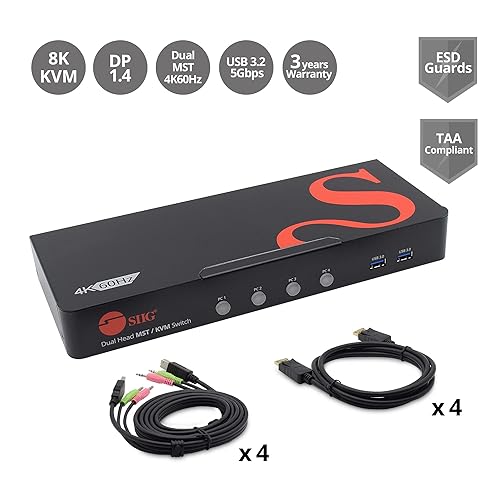 SIIG Dual Monitor DisplayPort KVM Switch 4 Computers 2 Monitors, 4X USB-A 5G, DP 1.4/ 8K 30Hz/ 4K 144hz with 3.5mm Audio & Mic, Keyboard & Mouse, TAA Compliant (CE-KV0H11-S1)