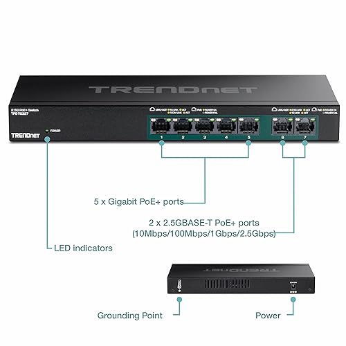 TRENDnet 7-Port Multi-Gig PoE+ Switch, 5 x 1G RJ-45 PoE+ Base-T Ports, 2 x 2.5G RJ-45 PoE+ Ports, 20Gbps Switching Capacity, Wall Mountable, Lifetime Protection, Black,TPE-TG327