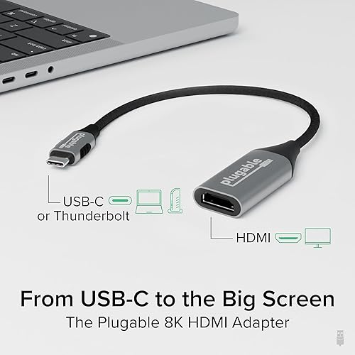 Plugable USB C to HDMI Adapter, HDMI 2.1, 8K 60Hz or 4K 144Hz, USB4 / Thunderbolt Compatible with XPS, iPhone 15, iPad Pro, MacBook Pro, Mac Resolution up to 4K 60Hz (USBC-HDMI8K)
