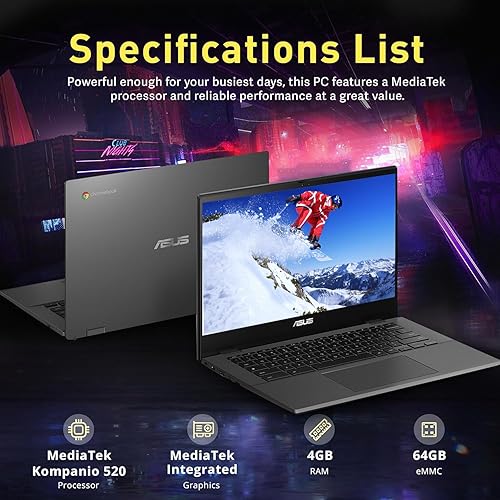 ASUS Chromebook CM1402 Laptop for Students Business, 14 FHD, MediaTek Kompanio 520, 4 GB RAM, 192 GB (64GB eMMC+128GB MSD), WiFi 6,Long-Lasting Battery, Chrome OS, Nonslip Mouse+32GB USB Flash Drive 4 GB RAM | 192 GB SSD