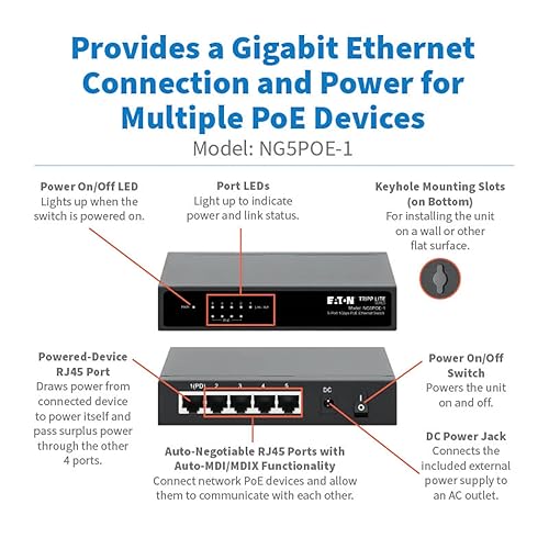 Tripp Lite Series 5-Port Desktop Unmanaged Gigabit Ethernet Network Switch with PoE+, 65W, Metal Enclosure, Plug-and-Play, Auto-Negotiable, Wall Mount Option, 3-Year Warranty (NG5POE-1) 1 Gbps / PoE+ 5-Ports