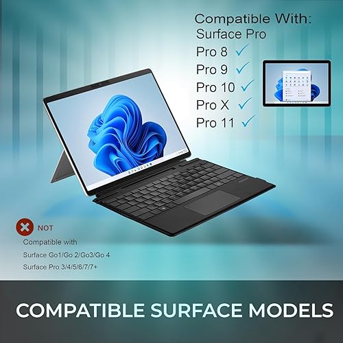 Adesso WKB-7040 Bluetooth Keyboard with Touchpad for Surface Pro X/8/9/10/11 – Ultra-Slim Aluminum Case, Scissor-Switch Keys, Bluetooth 5.1 Wireless, Rechargeable Battery