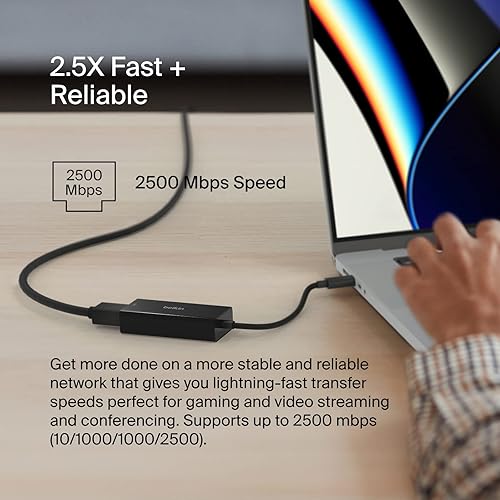 Belkin USB Type C to 2.5 Gb Ethernet Adapter, USB-IF Certified Thunderbolt 3 & 4 / USB-C to LAN Network Adapter Compatible with MacBook Pro/Air, iPad Pro, XPS, Surface, and Other USB C Devices