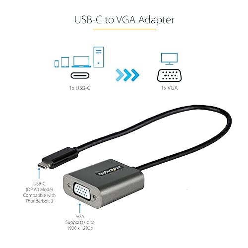StarTech.com USB C to VGA Adapter - 1080p USB Type C to VGA Display/Monitor Video Converter, USB-C Dongle, Thunderbolt 3 Compatible - 12 Long Attached Cable - Upgraded Version of CDP2VGA (CDP2VGAEC)