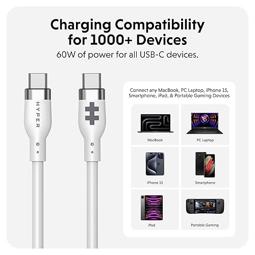 HyperJuice Silicone Charging USB C Cable (1.5m/5ft) w/EcoSmart Silicone Jacket, 60W USB C Charger 3.0 EPR Fast Charge — Tangle-Free USB C Cable 5ft, Withstands 10,000+ Bends (White)
