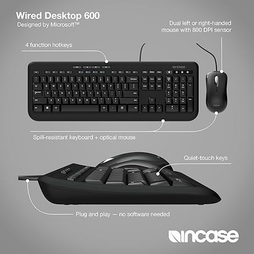 Incase Wired Desktop 600 Keyboard & Mouse Combo – Designed by Microsoft – Four Hot Keys, Spill-Resistant Keyboard, Quiet-Touch Keys, Optical Mouse, Left/Right Mouse with 800 DPI Sensor – Black