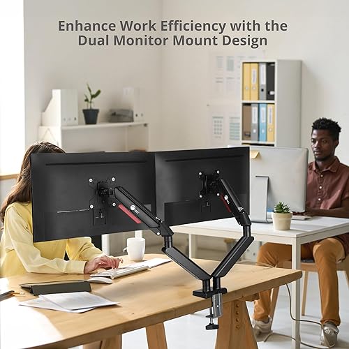 SIIG Dual Monitor Arm Stand for Desk - Fully Adjustable Gas Spring Mount Holds 22 lbs and 13-32 Inch Screens, VESA 75x75 100x100 with C-Clamp & Grommet (CE-MT3Y11-S1)