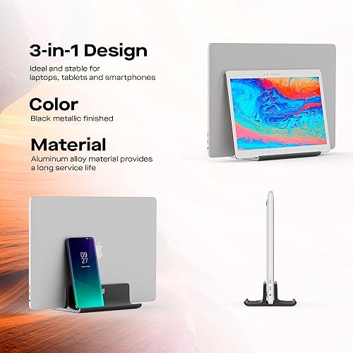 MP Mobile Pixels Upright Laptop Cradle Stand 3-in-1 Design, Adjustable Desktop Aluminum Stand for Smartphones, Tablets, Laptops, Books (Black)