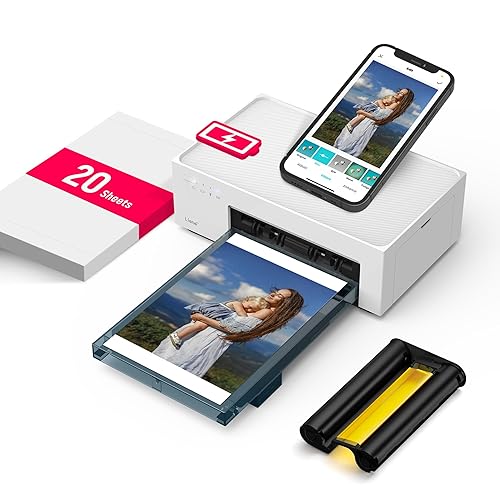 Liene White M200 4x6'' Photo Printer Battery Edition, Wireless Photo Printer for iPhone Android, Dye Sublimation Printing Full-Color Photo 20-Sheet, Portable Picture Printer Ideal for Travel Home Use Rechargeable Battery Edition/20 Sheets